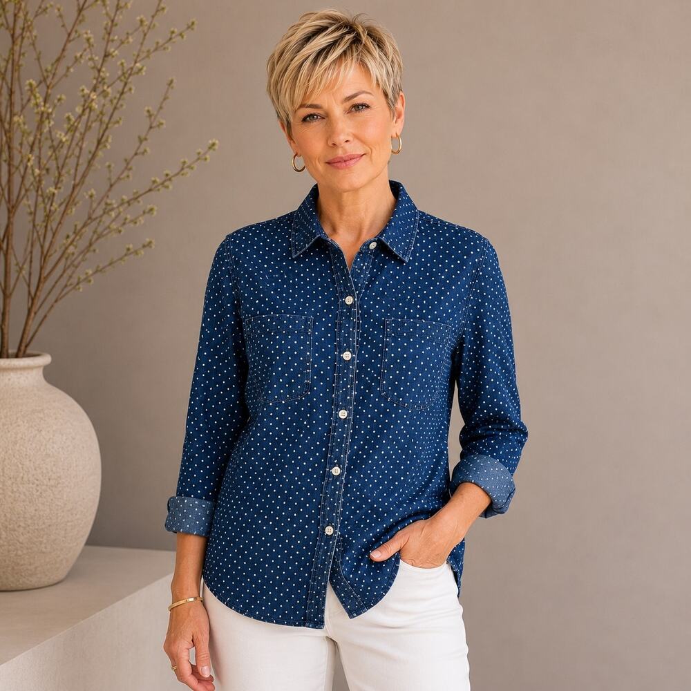 Talbots Blue Chambray Dotted Long Sleeve Button Front Top 20W